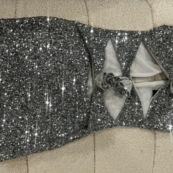 White Fox Silver Sequin Rosette Mini Dress - Picture 11 of 13